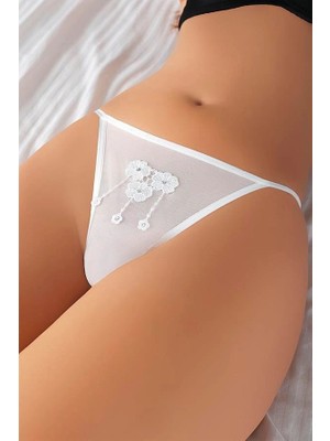Kapsulavm Beyaz Nakışlı Desenli Fantezi Tanga String