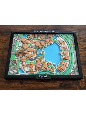 Ralen Walt Disney World Epcot 3D Harita – Dekoratif Rölyef Tablo – Tematik Park Mimari Duvar Dekoru – Ev ve Ofis Için Özel Tasarım 3D Baskı – Disney Hayranlarına Hediye (Çerçeveli)
