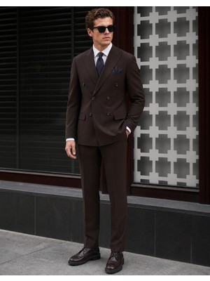 HC MEN CLASSIC Erkek Kruvaze Takım Elbise Modern Fit Kahverengi Düz