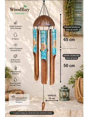 WoodBay Feng Shui Coconut Bambu Rüzgar Çanı El Boyaması Kaplumbağa Desenli Hindistan Cevizi Dekoru Büyük Boy