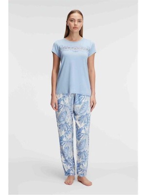 Kapsulavm Kısa Kol Bisiklet Yaka Kadın Viskon Çiçek Desenli Yazlık Örme Dantel Detaylı Pijama Takımı