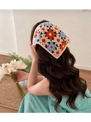 Örgü Üçgen Bandana Papatya Saç Bandı Kadın Genç Kız Çocuk Yazlık Bohem Vintage Kore Tarzı Ay Çiçek