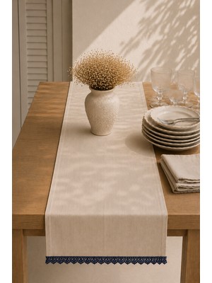 Typoniq Attitude Included Riviera %100 Pamuk Runner Ekru-Lacivert 50X150 cm
