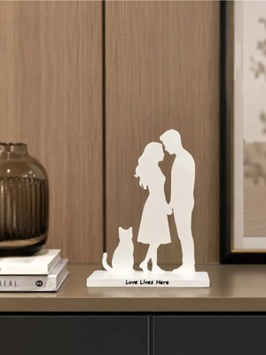 Gragold3 Design Love Lives Here Kedi ve Çift Silüeti Dekoratif Obje - Beyaz