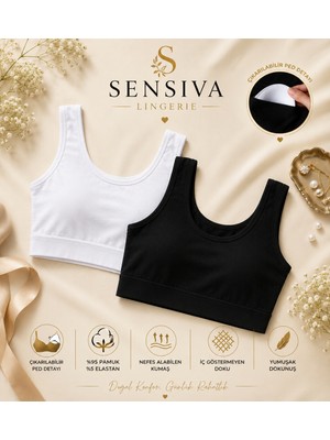 Sensiva Lingerie 2'li Set Kalın Askılı Büstiyer -Çıkarılabilir Pedli - Telsiz Balensiz Yarım Atlet 2 li Paket - Siyah - Beyaz