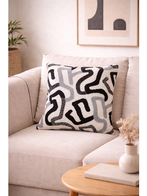 Typoniq Attitude Included Modern Soyut Geometrik Desenli Bukle Dokuma Siyah Kırlent Kılıfı (43X43 Cm)