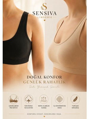Sensiva Lingerie 2'li Set Kalın Askılı Büstiyer -Çıkarılabilir Pedli - Telsiz Balensiz Yarım Atlet 2 li Paket - Siyah - Ten