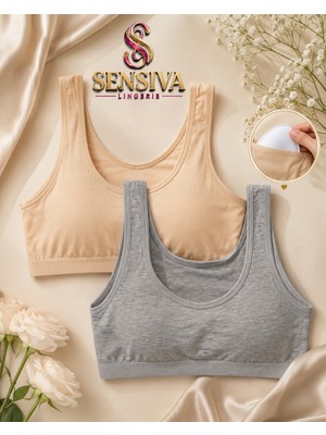 Sensiva Lingerie 2'li Set Kalın Askılı Büstiyer -Çıkarılabilir Pedli - Telsiz Balensiz Yarım Atlet 2 li Paket - Ten - Gri