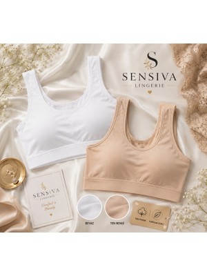Sensiva Lingerie 2'li Set Kalın Askılı Büstiyer -Çıkarılabilir Pedli - Telsiz Balensiz Yarım Atlet 2 li Paket - Ten - Beyaz