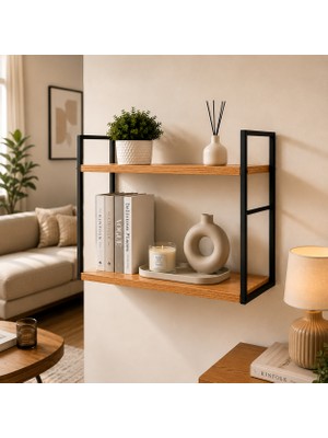 Create Handle Dekoratif Duvar Rafı 2 Katlı Kitaplık Metal Raf Ahşap Duvara Monte Modern Salon Ofis Mutfak Banyo Rafı