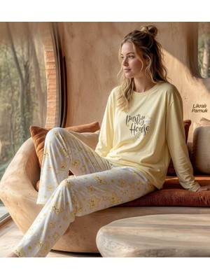 Pijamoni Kadın Likralı Pamuklu Bisiklet Yaka Uzun Kol Ince Pijama Takımı 1300/1 - 1 Adet