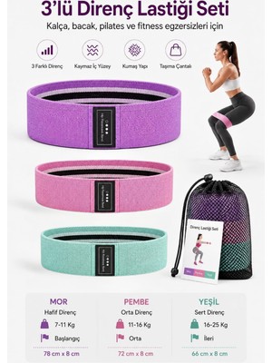 Deconitte 3’lü Kumaş Direnç Lastiği Seti Kaymaz Pilates Fitness Kalça Bacak Egzersiz Squat  ve Loop Bandı Taşıma Çantalı