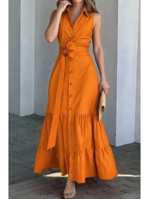 Lune Store Kadın Kolsuz Yaka Onu Düğmeli Belden Kuşaklı Uzun Trikoton Elbise