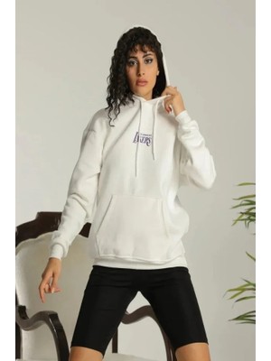 Nova Epoxy Art   24 Sırt Baskılı Ovresize Üç Iplik Kapüşonlu Sweatshirt - Beyaz