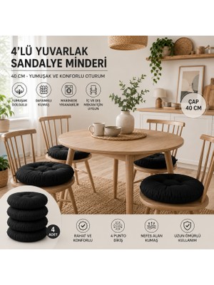 Yuvina 4'lü Yuvarlak Sandalye Minderi 40 cm – Yumuşak Dolgulu, Makinede Yıkanabilir, Iç ve Dış Mekan Kullanımı