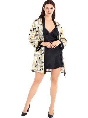 Aria's Closet Özel Tasarım Saten Emprime Baskılı Ikili Kısa Sabahlık Siyah Gecelik Takımı