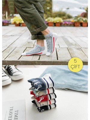 UZN Socks 5'li Paket Sneaker Görünümlü Soket Çorap Seti - Renkli Bağcık Desenli Unisex Pamuklu Bilek Çorabı