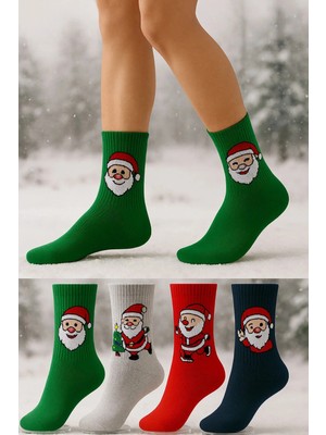 UZN Socks 4'lü– Yılbaşı Temalı Santa Desenli Çorap | Kutlama & Yeni Yıl Hediye Çorabı | Unisex Pamuklu