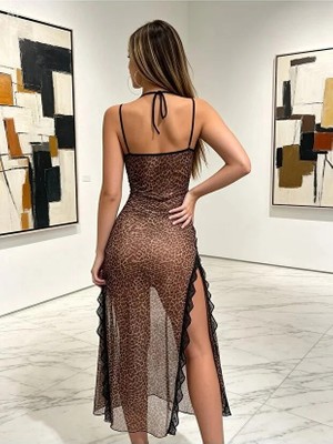 Lüx Wood 804 Kadın Leopar Desenli Ince Askılı Dantel Detaylı Yırtmaçlı Gecelik Takımı