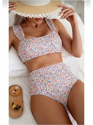 Lüx Wood 808 Kadın Desenli Yüksek Bel Bağcıklı Pedli Bikini Takımı Plaj Mayo Seti