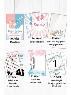 Metranya Cinsiyet Belirleme Partisi Etkinlik ve Oyun Kartları Seti 54 Adet Baby Shower Bebek Konsept Hediye