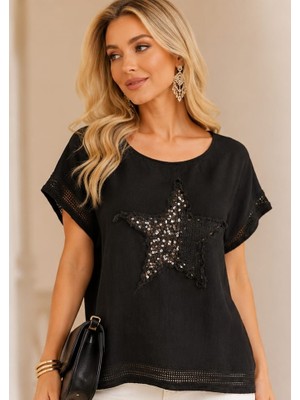 Palenaole Butik Siyah Yıldız Nakışlı Kol File Detaylı Keten Bisiklet Yaka Kısa Kollu T-Shirt