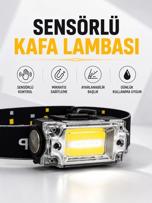 Svoria Store Sensör Kontrollü Şarjlı Beyaz LED Kafa Lambası ve El Feneri