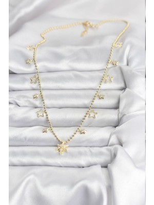 Fantastik Store Pirinç Gold Renk Zirkon Taşlı Kutup Yıldızı Model Kadın Kolye - Lisinya
