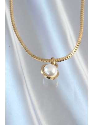 Fantastik Store 316L Çelik Gold Renk Yassı Zincir Inci Taşlı Kolye - Lisinya