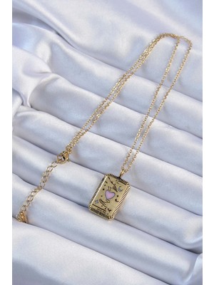 Fantastik Store 316L Çelik Zincir Eskitme Altın Renk Pembe Mineli Kalp Figürlü Tarot Kolye - Lisinya