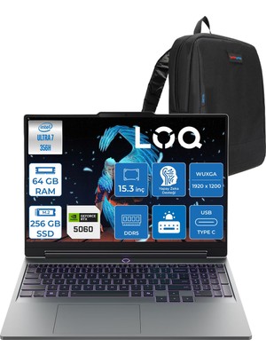 Lenovo Loq Intel Core Ultra 7 356H 64GB Ddr5 256GB SSD 8GB/RTX5060/115W 15.3" Wuxga %100SRGB 165Hz Freedos Gaming Bilgisayar 15IPH1156F26 + Zetta Çanta
