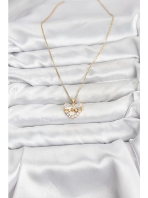Fantastik Store 316L Çelik Zincir Gold Renk Kalp ve Fiyonk Model Zirkon Taşlı Kadın Kolye - Lisinya