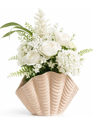 Lui Tasarım Krem Rengi Inci Istiridye Seramik Bohem Tarz Krem Renk Vazo 13*20*10 cm