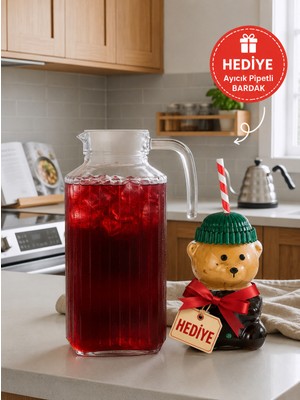 Altijara Cam Sürahi 1.7lt Beyaz Kapaklı Cam Sürahi Barista Ayıcıklı Bardak Hediye