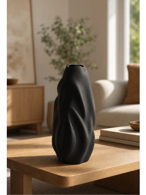 Lui Tasarım Siyah Rengi Dalga Desenli Seramik El Yapımı Modern Vazo 22 cm