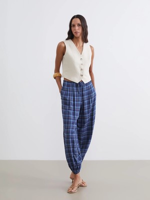 Lc Waikiki Yeni Sezon Beli Lastikli Ekose Kadın Pileli Jogger Pantolon
