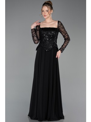 Abiyefon Pullu Kare Yaka Uzun Kol Peplum Şifon Abiye ABU6157
