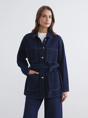 Lc Waikiki Yeni Sezon Gömlek Yaka Beli Kuşaklı Kadın Jean Ceket