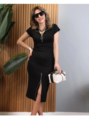 Lune Store Kadın Kısa Kollu Yakadan ve Eteği Fermuarlı Viskon Iki Iplik Midi Elbise