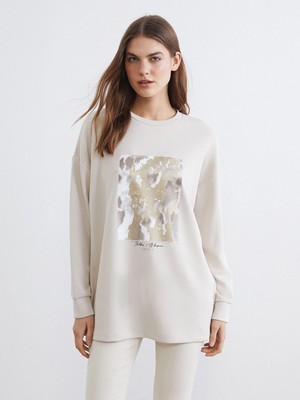 Lc Waikiki Yeni Sezon Baskılı Soft Touch Oversize Kadın Sweatshirt Tunik