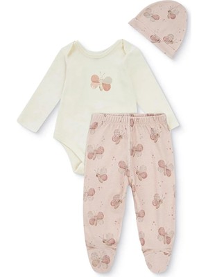 Mothercare Kız Bebek Body-Alt-Şapka Kalp Baskılı Çıtçıtlı Bisiklet Yaka Long Sleeve Patikli