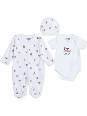 Hellobaby Unisex Tulum-Body-Şapka Slogan Baskılı Çıtçıtlı Bisiklet Yaka Uzun Kol Patikli