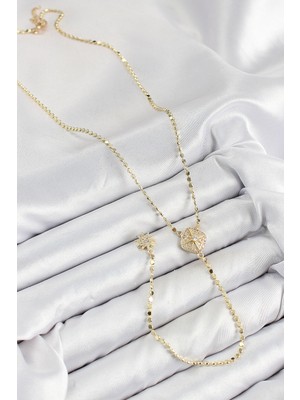 Fantastik Store Pirinç Zirkon Taşlı Ezme Zincirli Madalyon Model Gold Renk Y Kolye - Lisinya