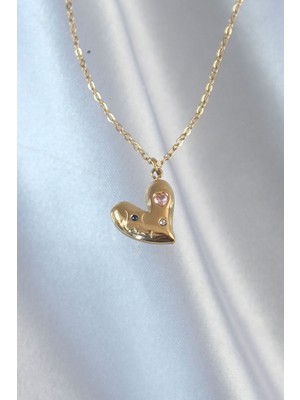 Fantastik Store 316L Çelik Zincir Gold Renk Renkli Zirkon Taşlı Kalp Kolye - Lisinya