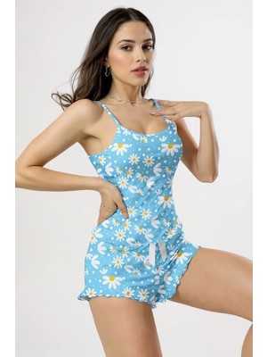 Fantastik Store Papatya Baskılı Mavi Askılı Şortlu Pijama Takımı