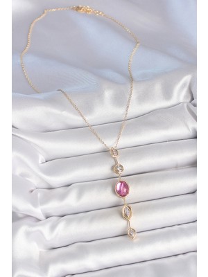 Fantastik Store Pirinç Zincir Gold Renk Pembe Zirkon Taşlı Y Kolye - Lisinya
