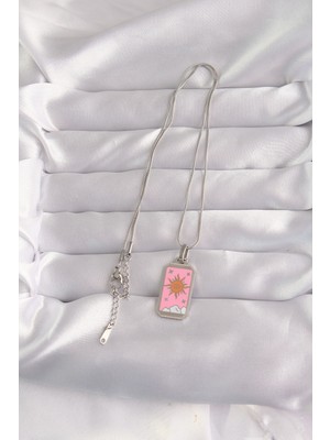 Fantastik Store 316L Çelik Gümüş Renk Pembe Mineli Güneş Model Tarot Kolye - Lisinya