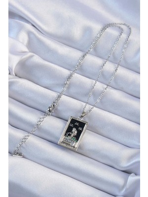 Fantastik Store 316L Çelik Zincir Gümüş Renk Zirkon Taşlı Siyah Mineli Kız Figürlü Tarot Kolye - Lisinya