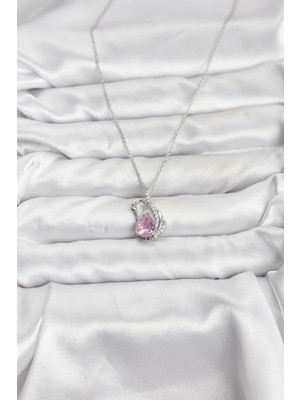 Fantastik Store 316L Çelik Zincir Gümüş Renk Pembe Kuğu Model Zirkon Taşlı Kadın Kolye - Lisinya