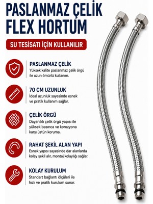 Kustar 70 cm Paslanmaz Çelik Örgülü Flex Hortum 3/8 Su Bağlantı Hortumu Batarya ve Klozet Uyumlu